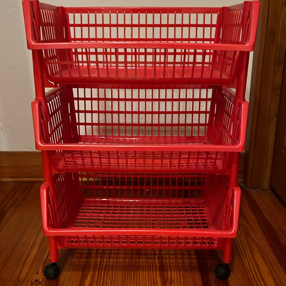 3-Tier Red Plastic Rolling Storage Cart.  Multi Purpose.